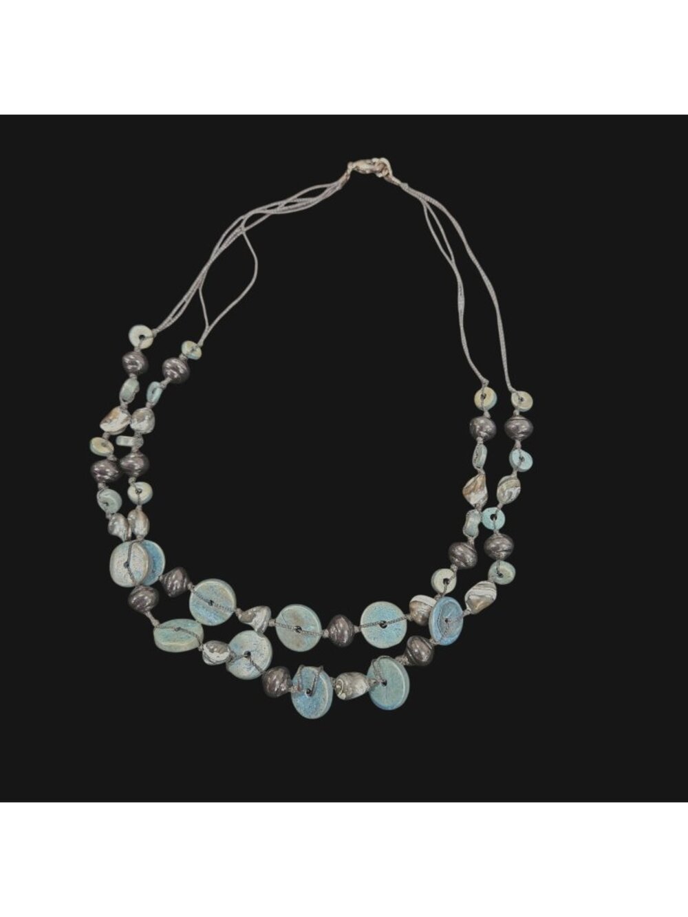 Layered Blue Black Beaded Button Necklace Unique Statement Jewelry 20 Inches